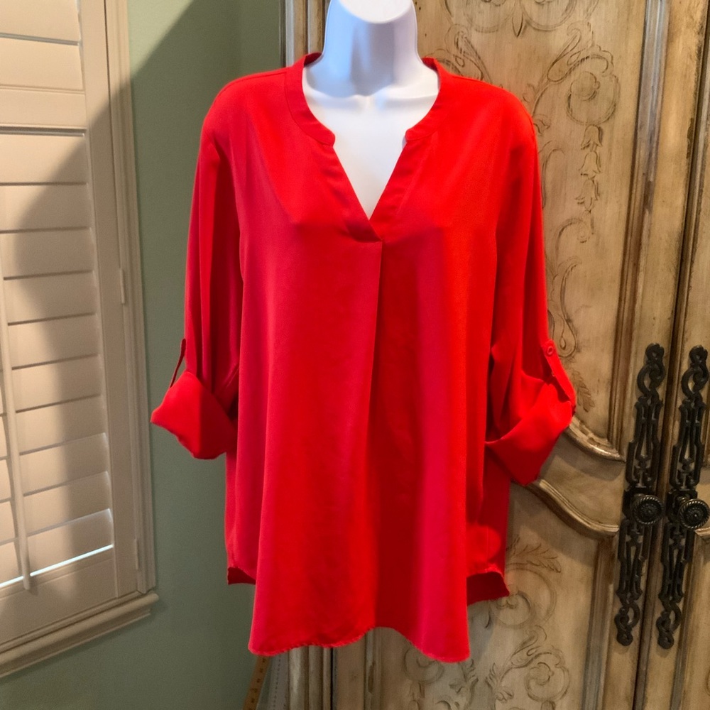 Timesome Red Women's Top V Neck Button Up Sleeves Pleat Front Roomy Long Size L
